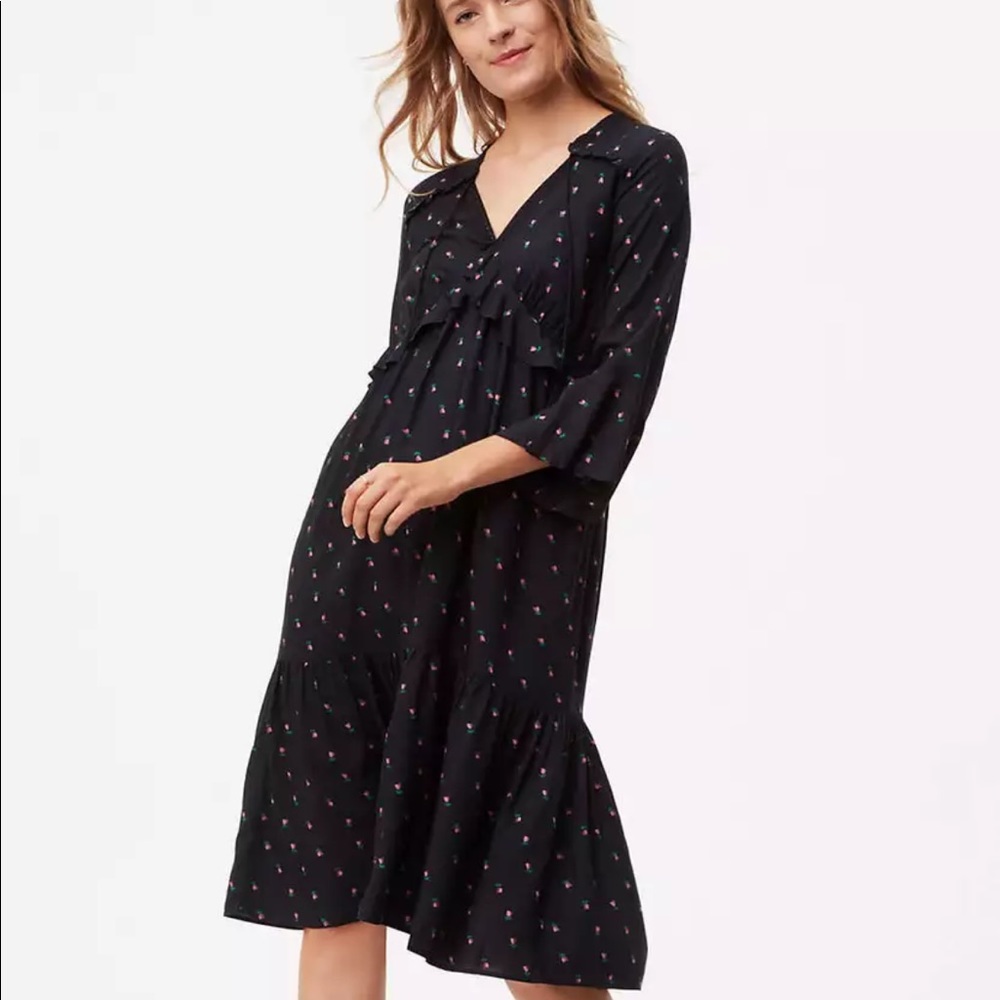 Loft  rosebuds print ruffle flounce midi dress